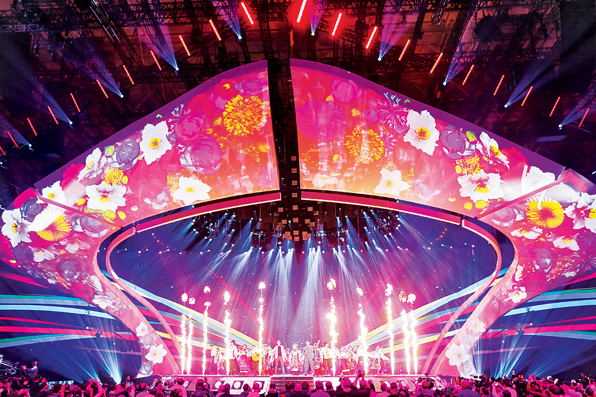 The Eurovision Song Contest stage is decorated with Ukrainian-style motifs for the second semi-final of the competition on May 10 in Kyiv. (Kostyantyn Chernichkin)